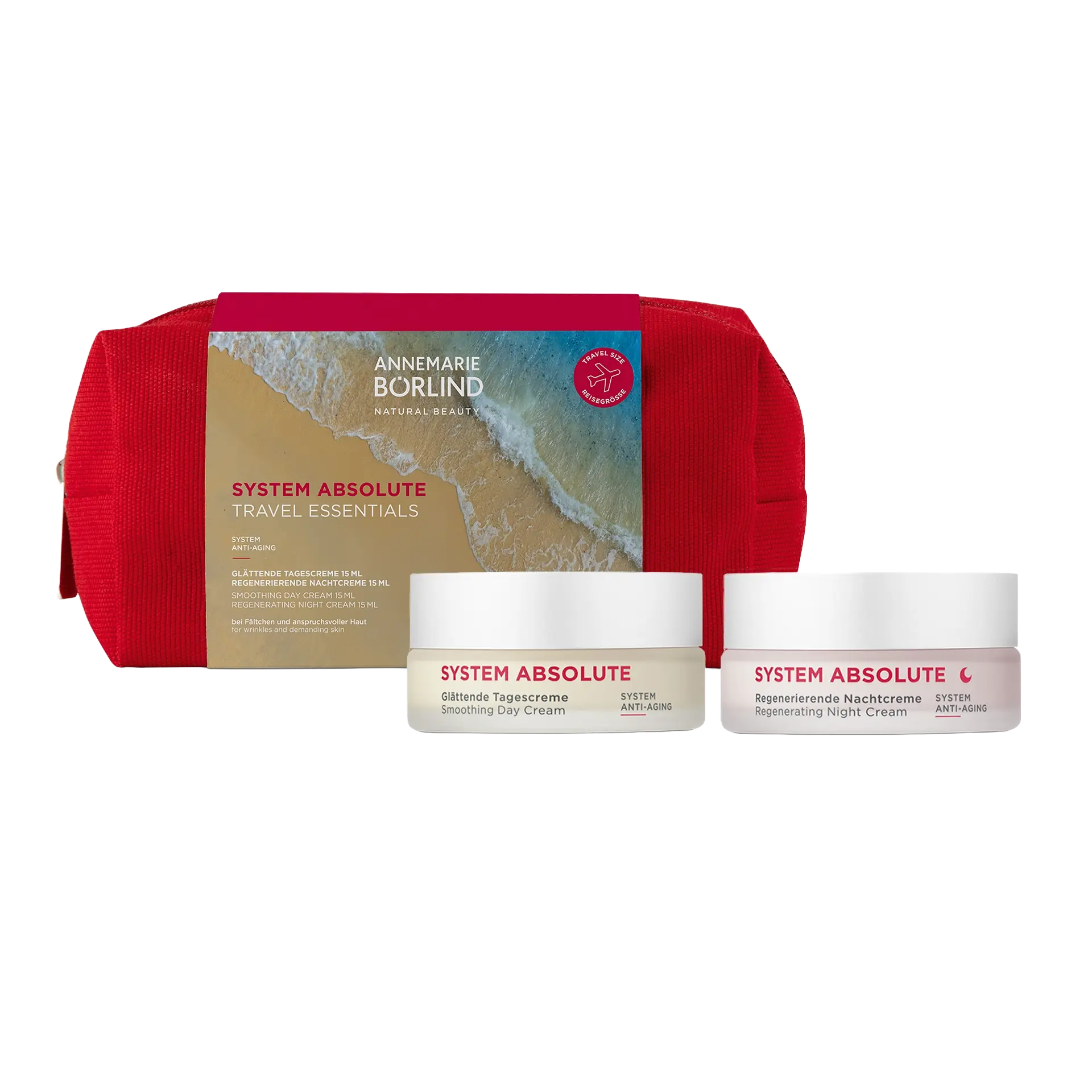 Rich Set Pouch ANNEMARIE BÖRLIND SYSTEM ABSOLUTE Set mit Mini Tages- & Nachtcreme in eleganter roter Kosmetiktasche.