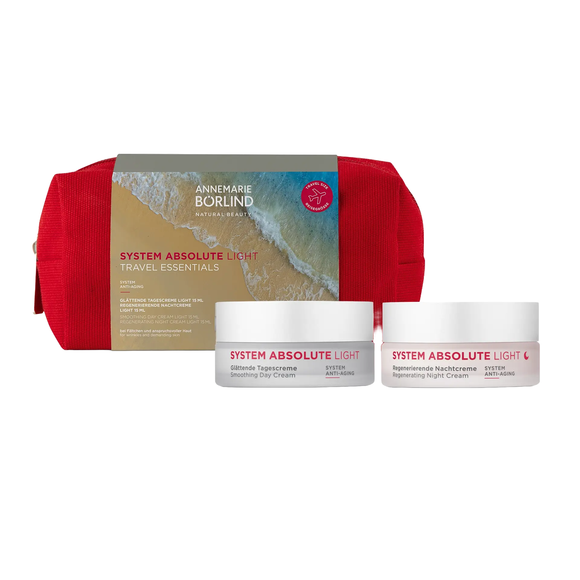 Light Set Pouch ANNEMARIE BÖRLIND SYSTEM ABSOLUTE Set mit Mini Tages- & Nachtcreme Light in eleganter roter Kosmetiktasche.