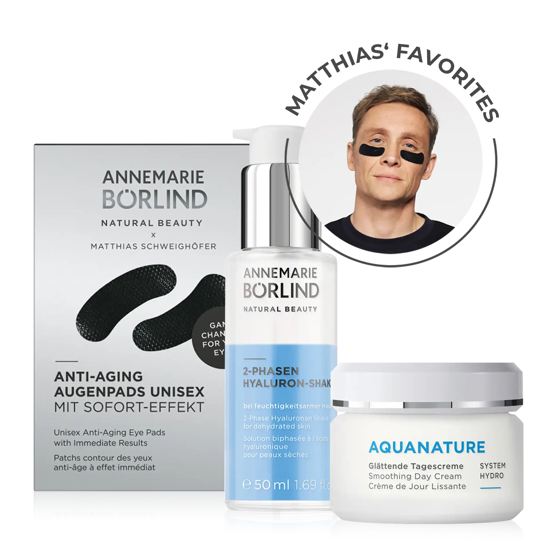 Kit de favoris Matthias Schweighöfer ANNEMARIE BÖRLIND Matthias Schweighöfer Favorites Set mit Anti-Aging Augenpads, Hyaluron Shake & Tagescreme